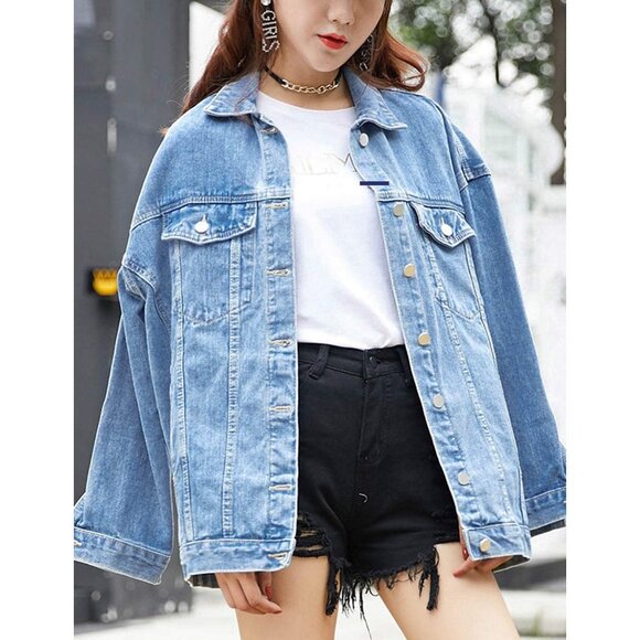 Women Blue 100% Cotton Oversized Mid Long Denim Jacket Jean Biker Coat - Picture 5 of 8